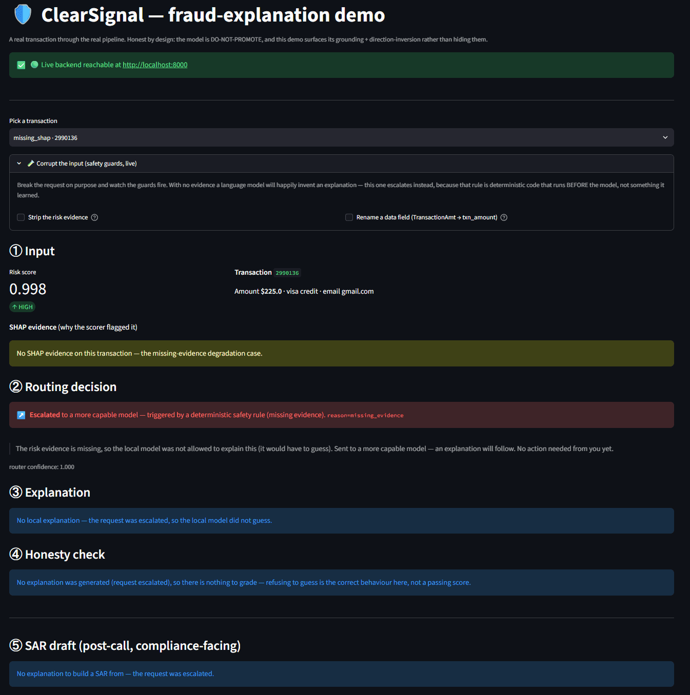 ClearSignal demo showing a safety escalation after the input evidence is deliberately removed.