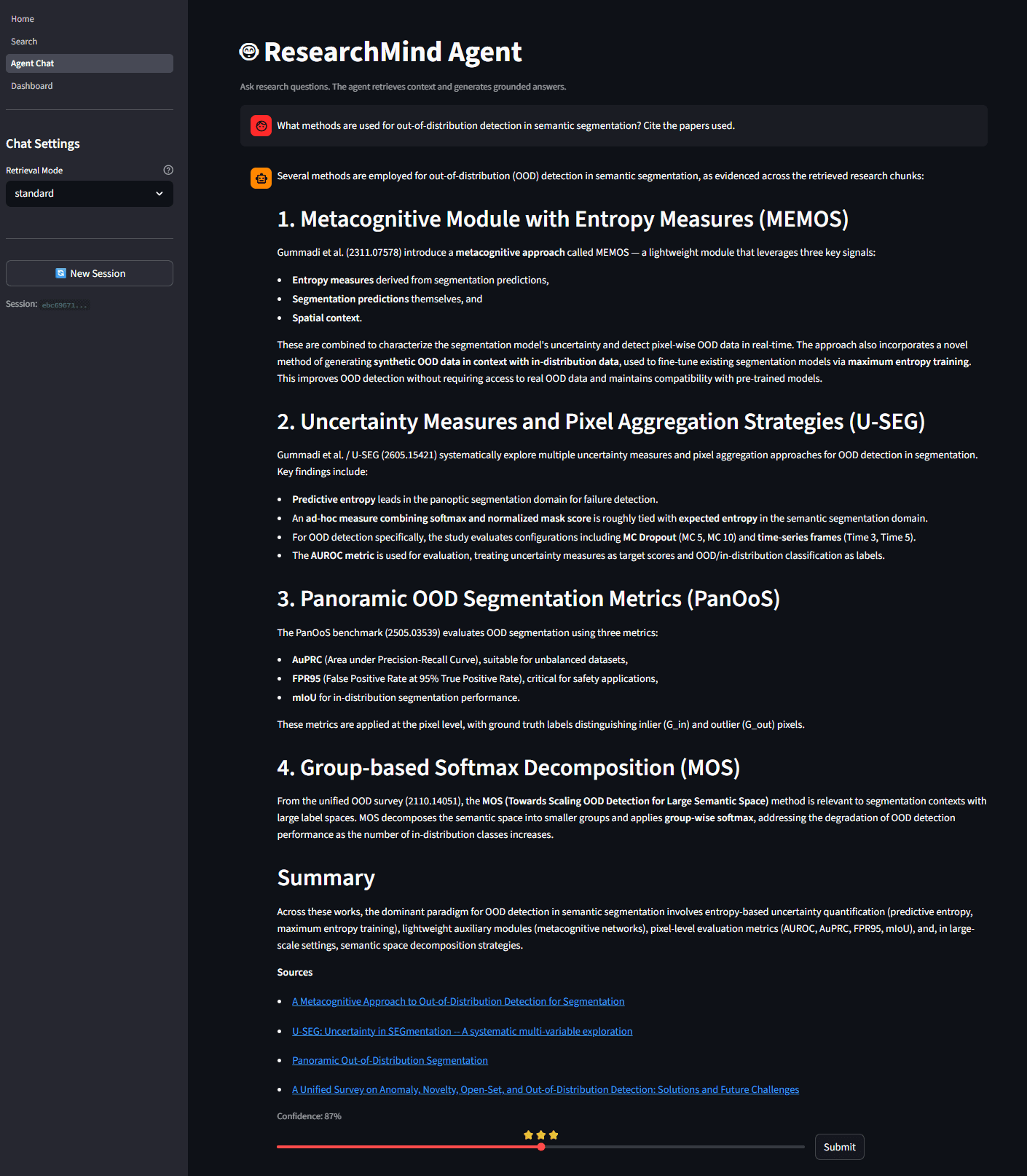 ResearchMind cited-agent interface showing an answer linked to source papers.