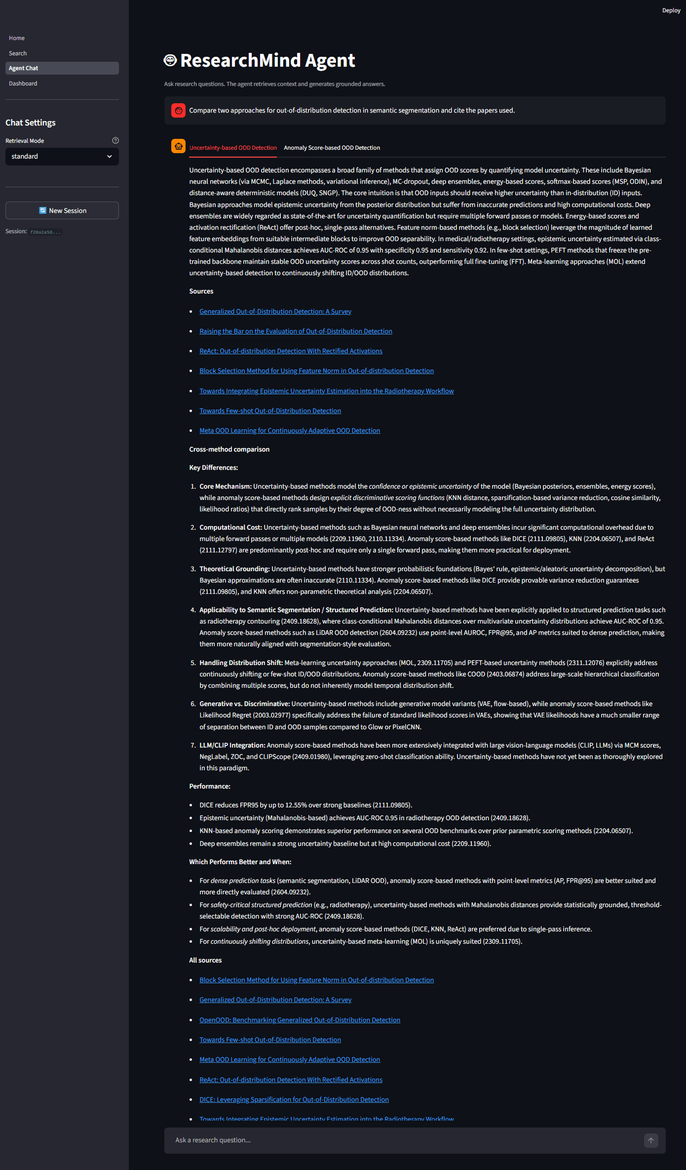 ResearchMind method-comparison interface with source-linked research summaries.
