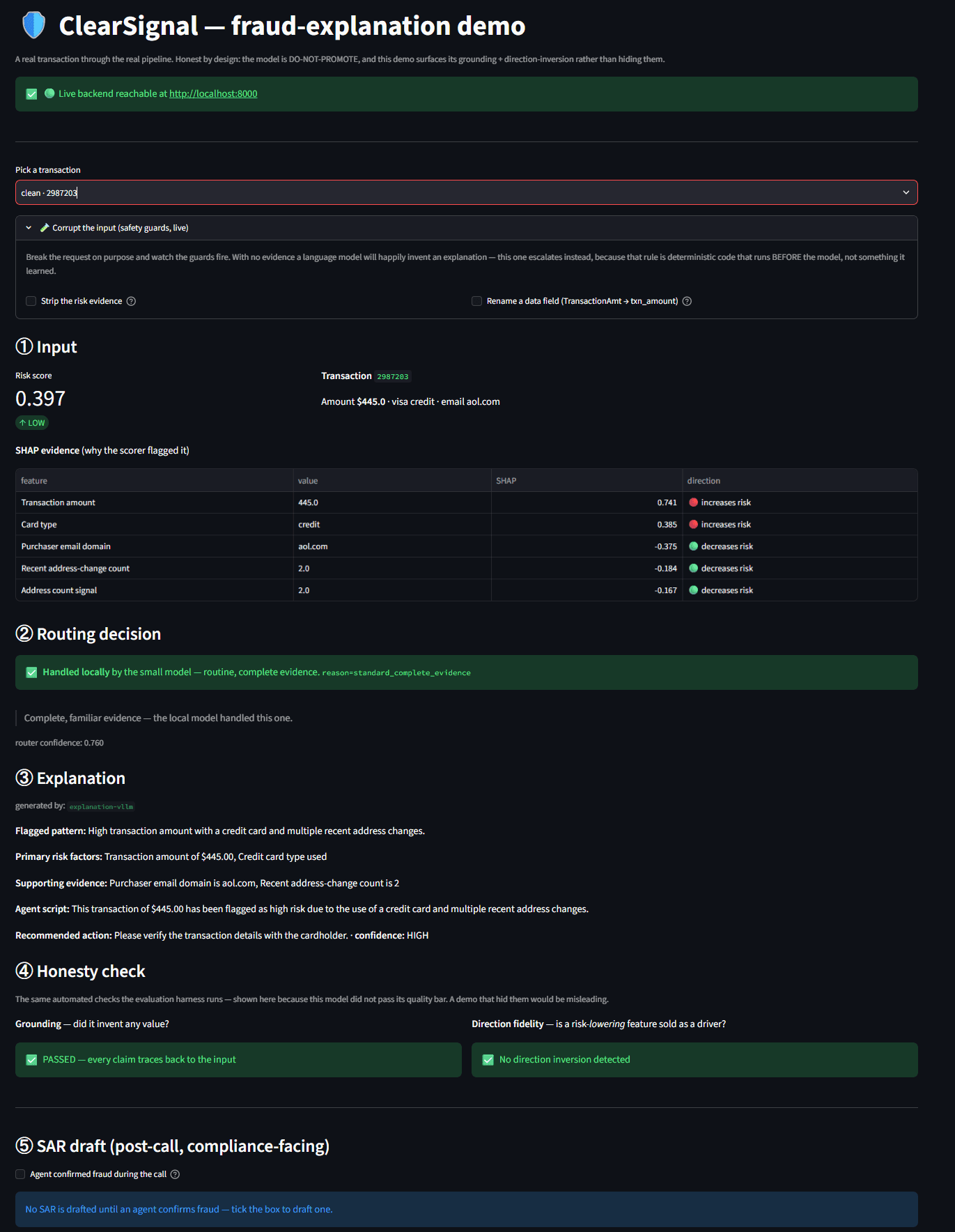 ClearSignal demo showing the transaction explanation workflow and its visible evaluation checks.