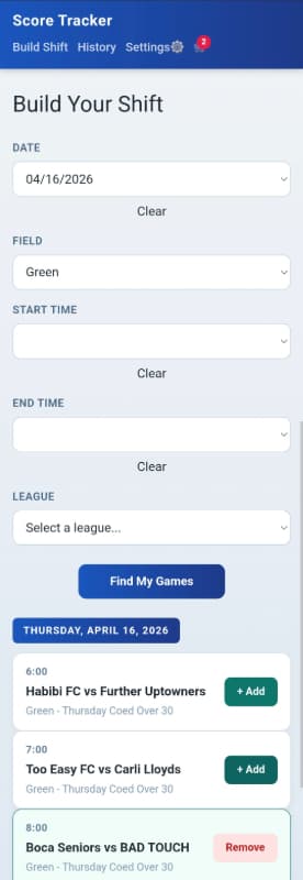 RefHub mobile shift builder showing local soccer fixtures and add-to-shift controls.
