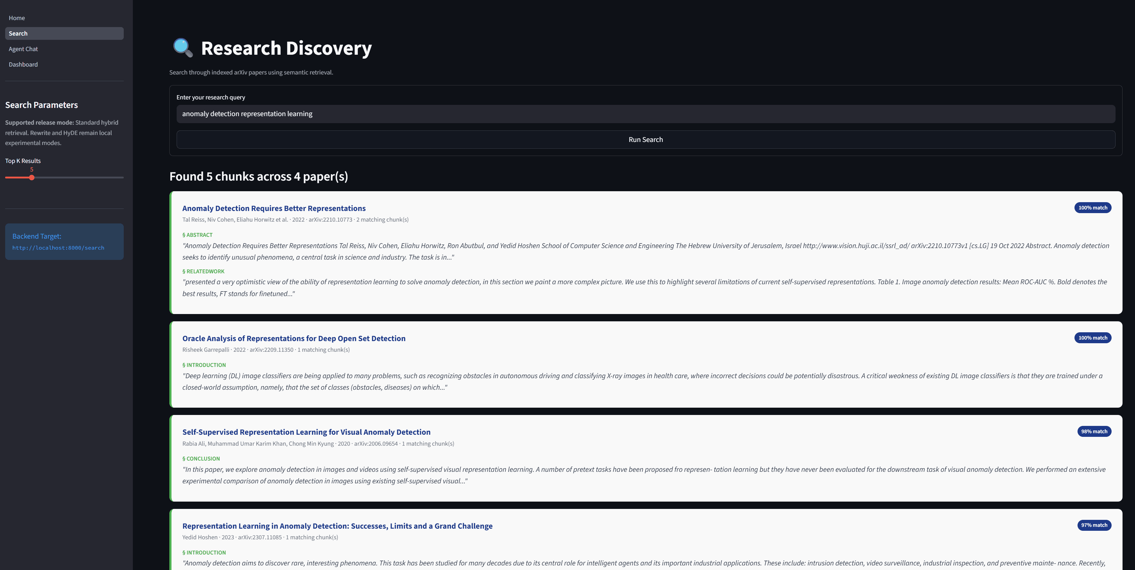 ResearchMind search screen showing ranked research-paper results for an anomaly-detection query.