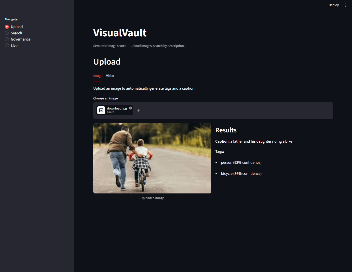 VisualVault media-upload screen for adding an image and caption to the library.