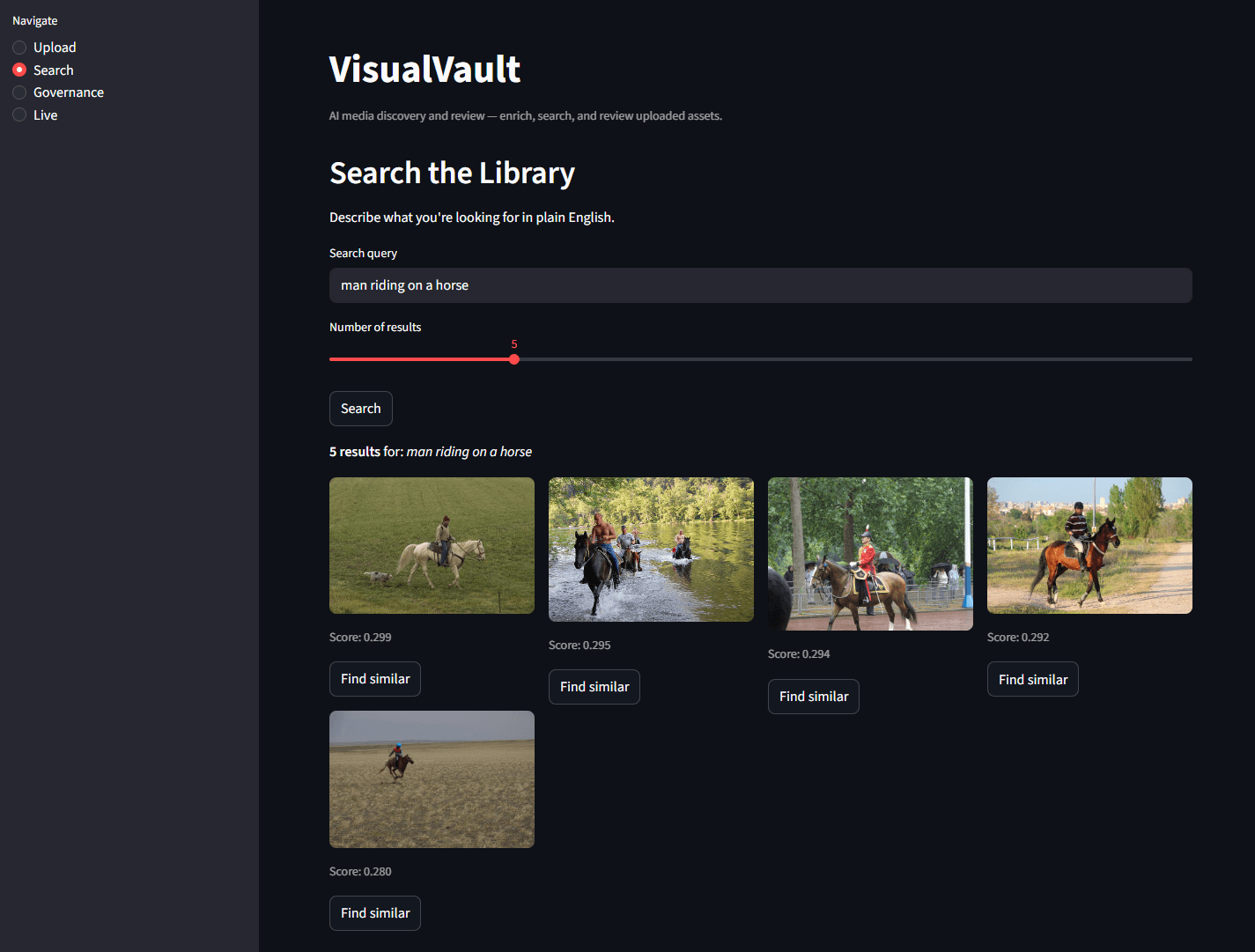 VisualVault semantic image-search interface with search results for a natural-language query.